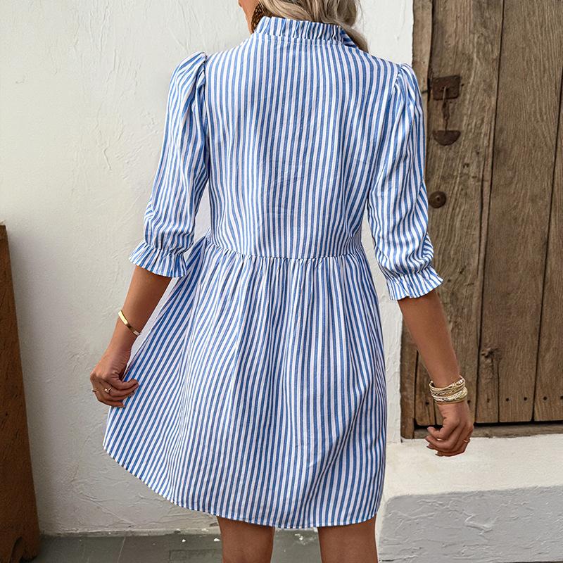 Skirt With Fungus SummerEuropean And American Women Wear Vertical Striped Shirt Dresses