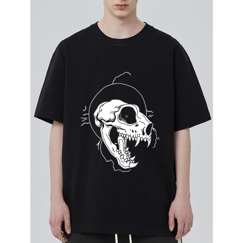 Черная Оверсайз Футболка с Принтом Черепа Волка для Повседневной Уличной Моды