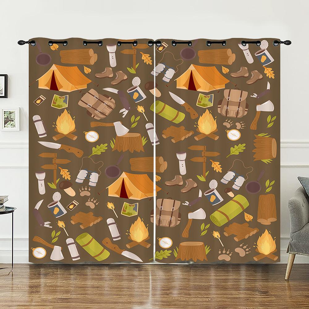 Curtain Camping Natural Scenery Illustration 3D Digital Printing Blackout Curtain Punching