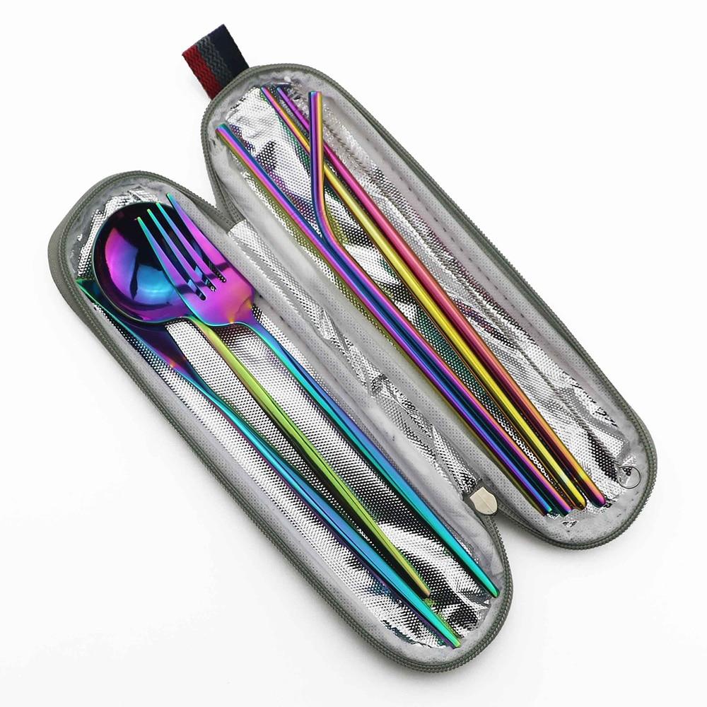 8 шт. портативный блестящий золотой дорожный набор столовых приборов с портативной синей сумкой, набор столовой посуды из нержавеющей стали, ложка, вилка, нож, набор столовых приборов с палочками для еды, соломинка