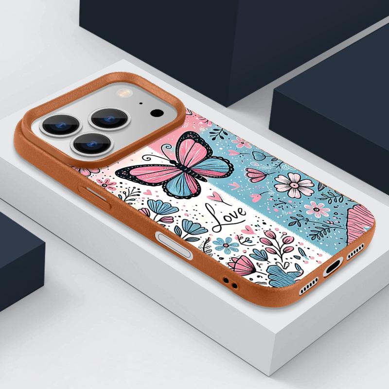 Синий Розовый Бабочка Цветочный Узор Чехол Для iPhone 17 Pro Max Funda iPhone 16 Pro Max 15 14 13 12 11 Air 16E Кожаная Текстура Силиконовый Чехол