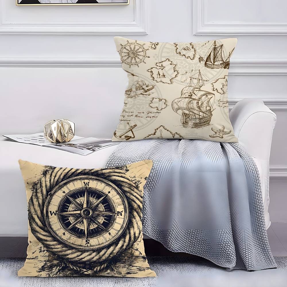 Ocean Blue Compass with Anchor Pillow Case Anti-dustmite Pillowcase Invisible zipper silky short plush Sofa cushion cover