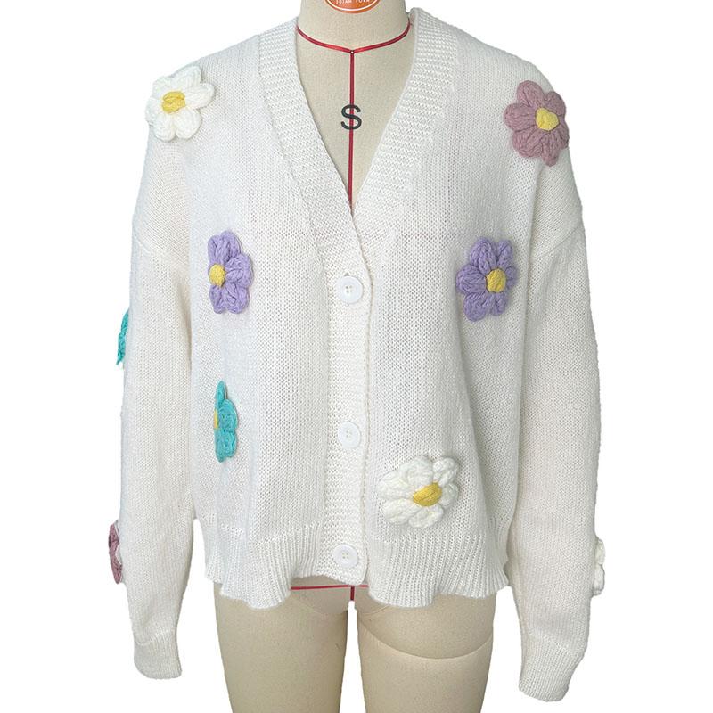 Женский осенне-зимний милый вязаный кардиган с длинным рукавом на пуговицах, свободный теплый свитер с цветочным принтом, открытое пальто спереди