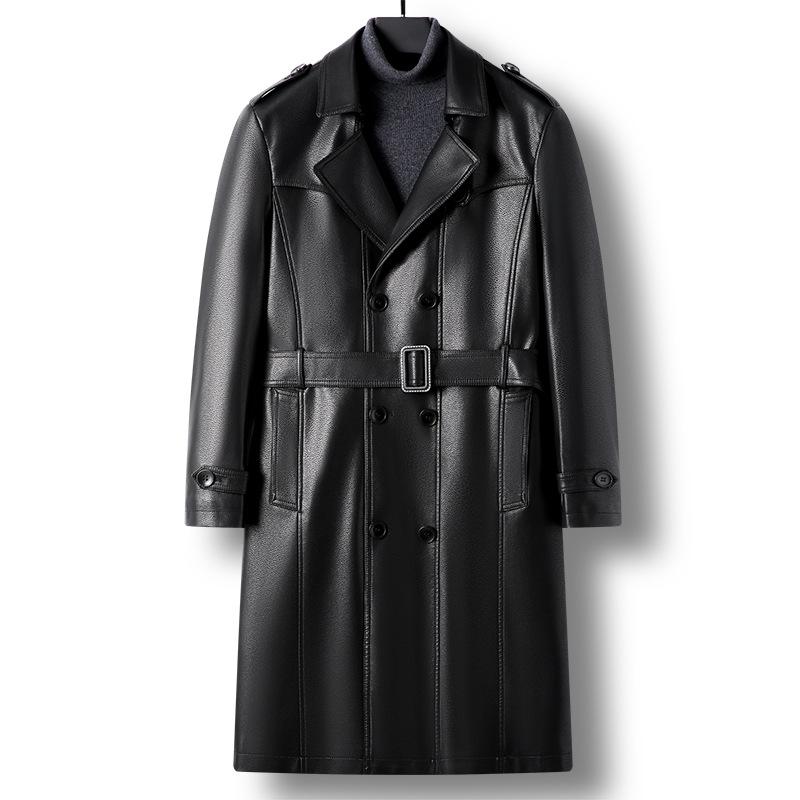 Long Leather Men Autumn and Winter New Cashmere Double-breasted Business Casual Fashion Leather Trench Coat Men Wear