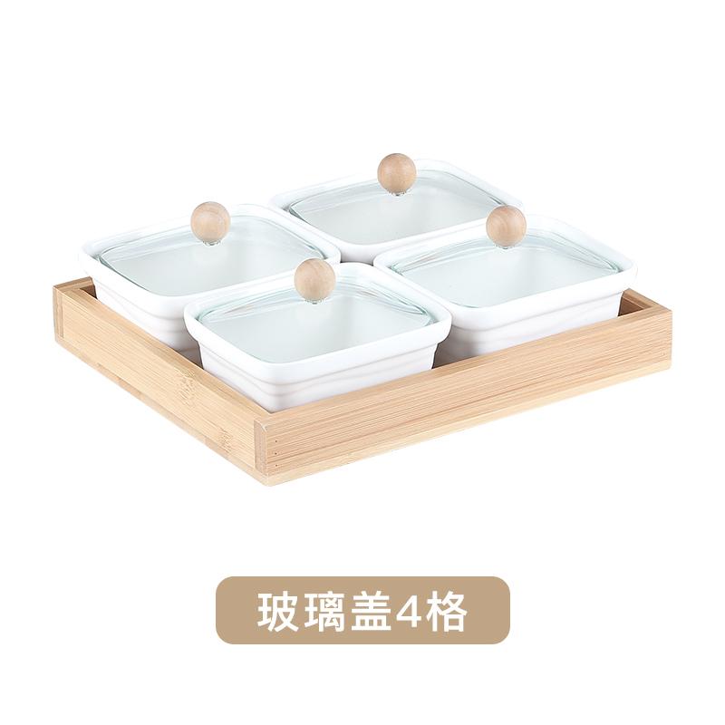 Белая керамическая тарелка для закусок Поднос для закусок Деревянная крышка Стеклянная крышка Деревянные поддоны Набор тарелок для закусок Сухофрукты Фруктовая чаша Поднос для конфет