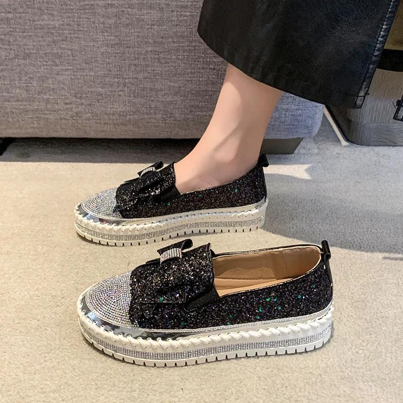 Весенние и осенние женские туфли Le Fu на плоской подошве с круглым носком и низким каблуком, со стразами и пайетками, новинка 2024 года, высококачественная модная женская обувь