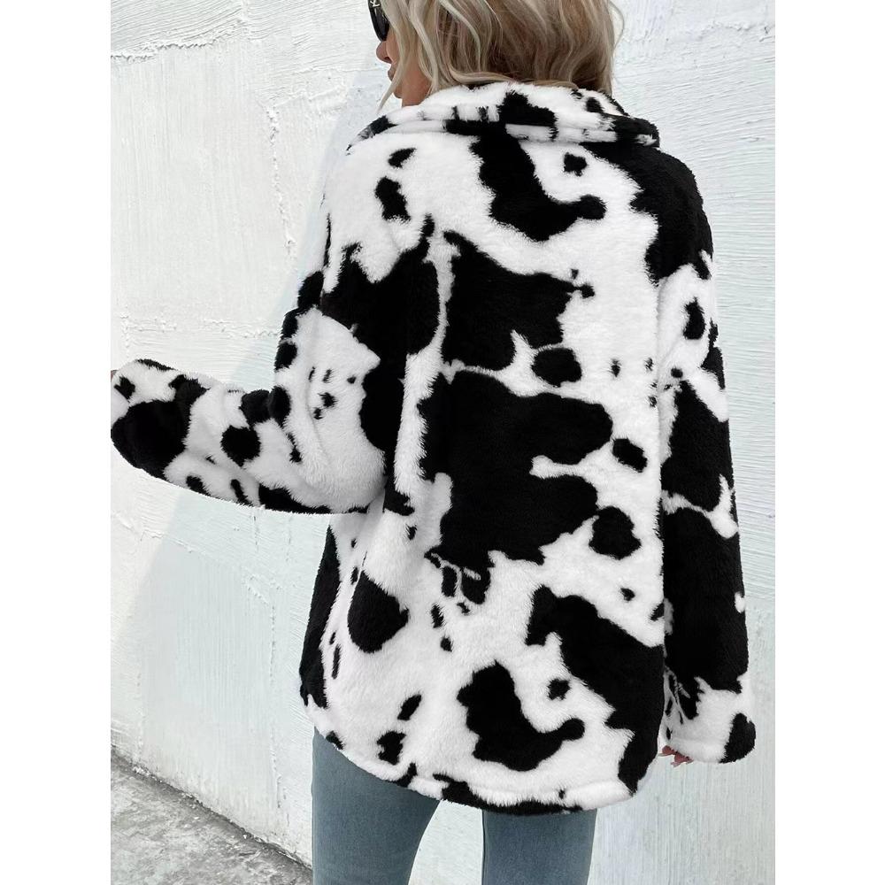 Fashion Double Sided Plush Cow Patterned Pocket Top Jacket Women's Coats Casual Tops Long Sleeve Winter Coat