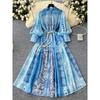 Holiday Style Elegant Design Stand Collar Single-Breasted Waist Hugging Lantern Sleeve Print Pleat Big Hemline Long Dress Women