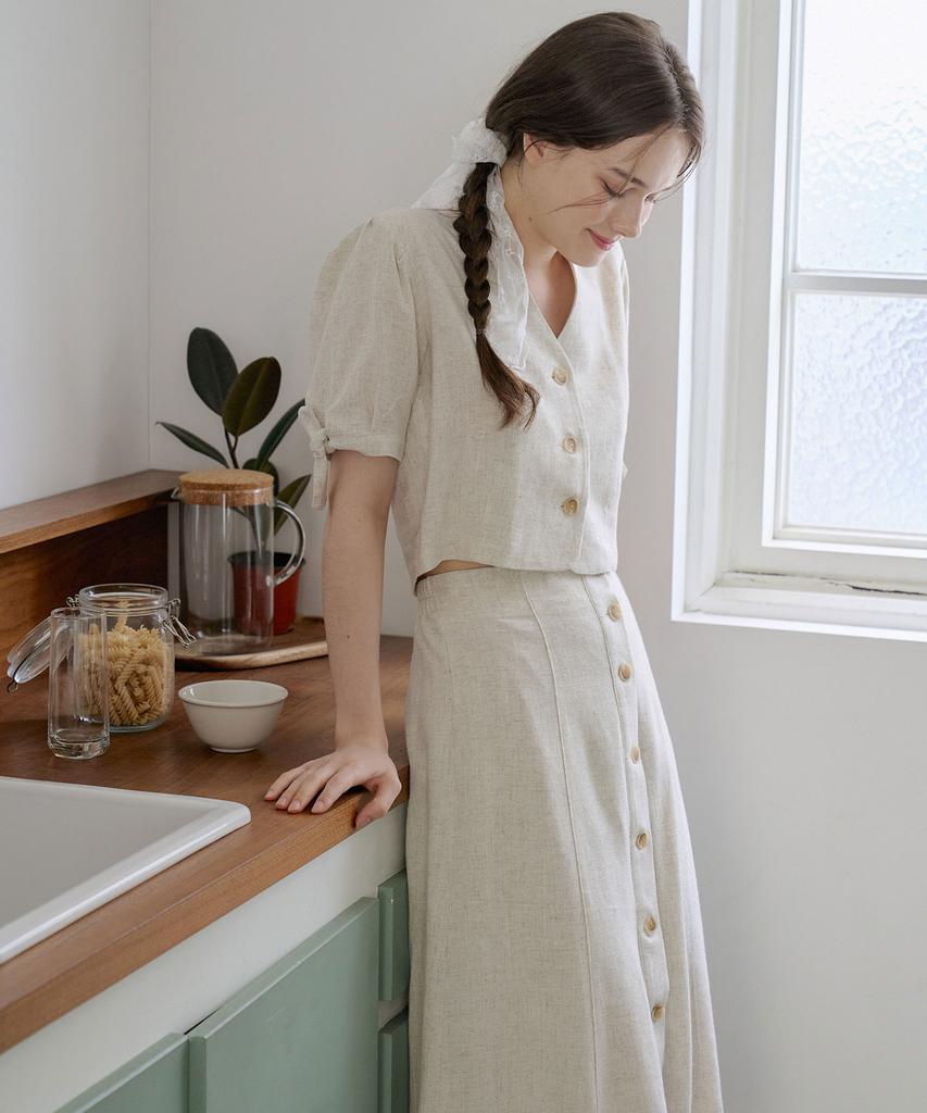 Bye Bye Seop Linen Button Long Skirt Beige [T42]