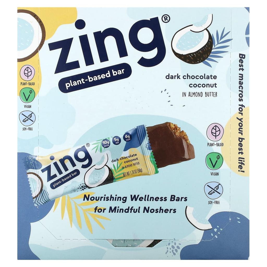 Zing Bars Vegan Bars, Almond Butter with Dark Chocolate Coconut, 12 Bars, 1.76 Oz (50 G) Each