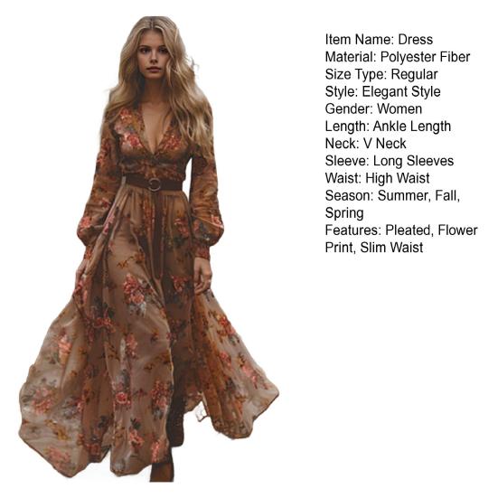 Spring Fall Dress V Neck Digital Floral Print Pleated A-line Maxi Dress Long