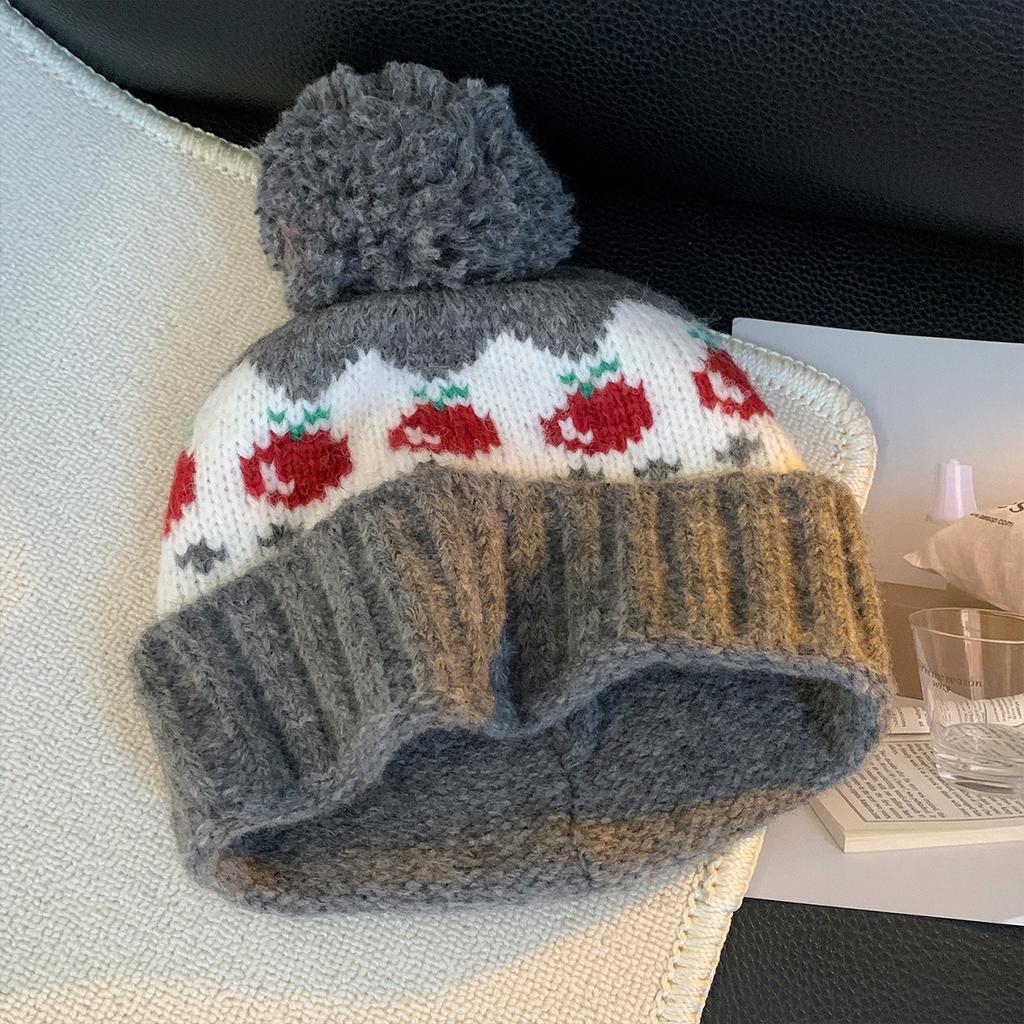 Шапка шерстяная с помпоном из красной вишни и узором Фэр-Айл, женская, милая, теплая, для альпинизма, с защитой ушей, вязаная