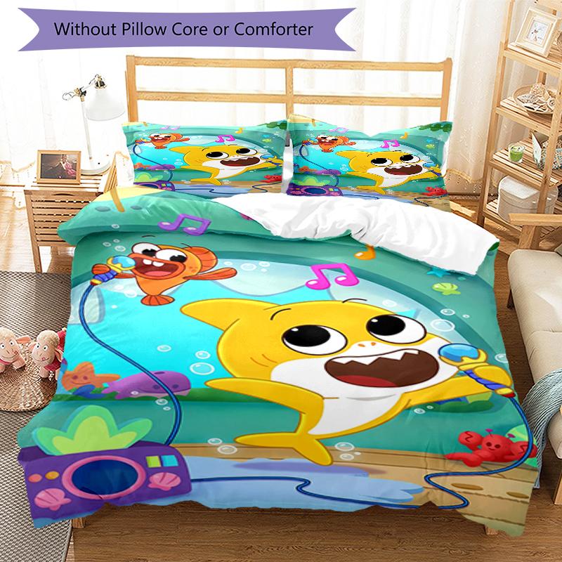 3pcs Pinkfong Shark (3) Design Cover Set - HD Printed Bedding with 1 Cover and 2 Pillowcases - Perfect for Home and Dorm Decor