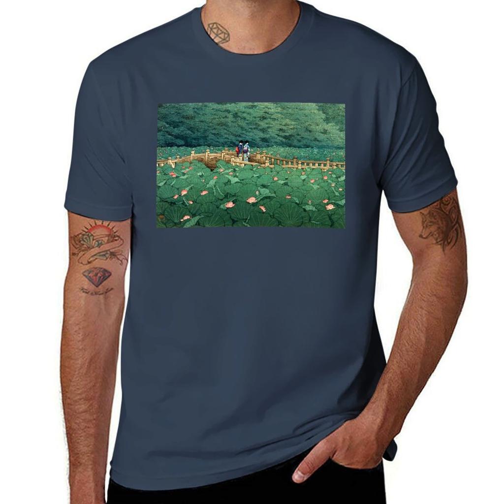 Kawase Hasui - The Pond At Benten Shrine In Shiba T-shirt Men T Shirt Cotton 100% Funny T Shirts Dark Humor T-shirt