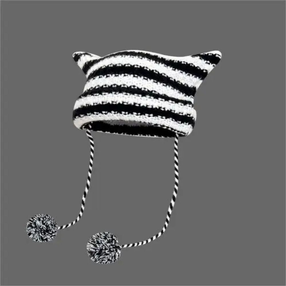 Шерстяная вязаная полосатая шапка-бини с милыми кошачьими ушками, остроконечная шапка-пуловер, вязаные шерстяные шапки, женская