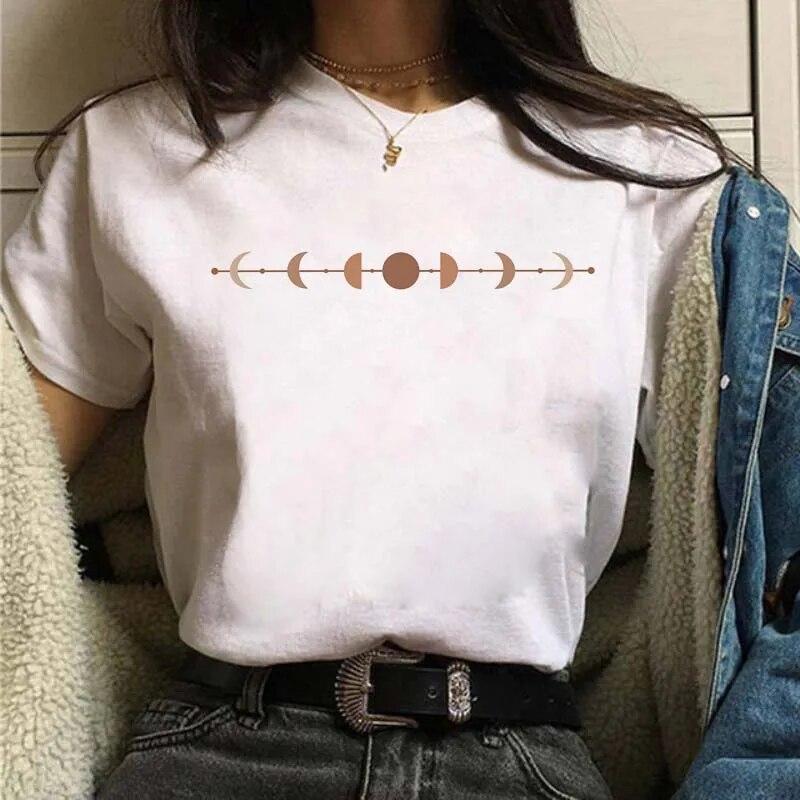 Casual Women's Round Neck T-shirt Lunar Eclipse Printed Women's T-shirt New Eclipse of the Moon Moon Style Women's White T-shirt