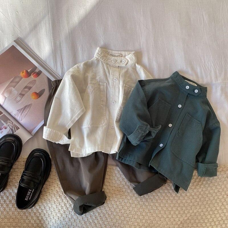 Детская рубашка в корейском стиле с воротником-стойкой, хлопковая рубашка с длинными рукавами, пальто для мальчиков и девочек, топы, детская одежда 1-7 лет