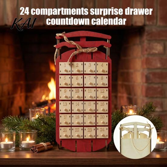 Christmas Advent Calendar Wooden Sleigh Calendar, 24-Day Countdown Box with Drawers, Drawers Tree Hanging Decor, Holiday Surprise Candy Toy Storage