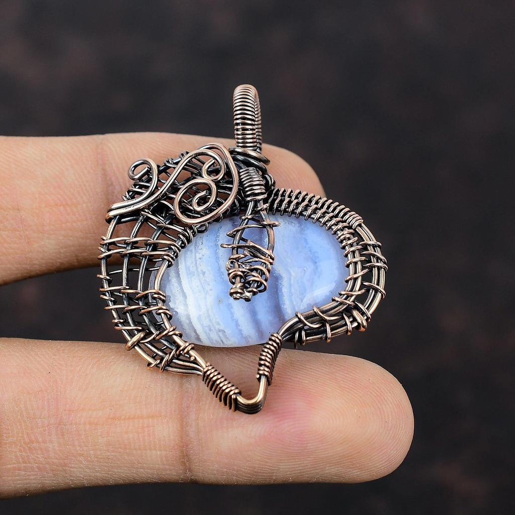 Blue Lace Agate Pendant Copper Wire Wrapped Gemstone Pendant Handmade Pendant Copper Wire Wrap Jewelry Wedding Gift Blue Lace Agate Jewelry