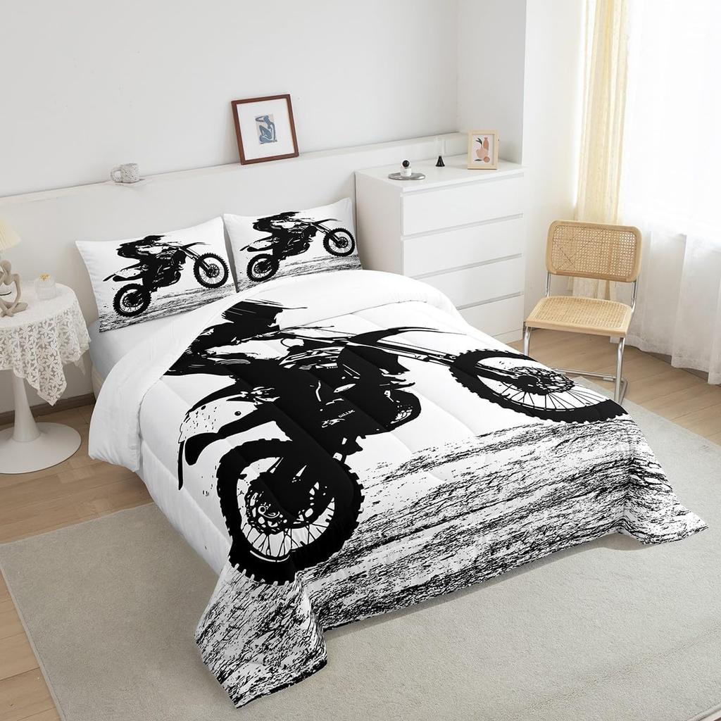 Erosebridal Teens Dirt Bike Comforter Set Twin Size, Motocross Rider Down Comforter for Kids Boys Adult Men, Motorbike Extreme Sport Bedding