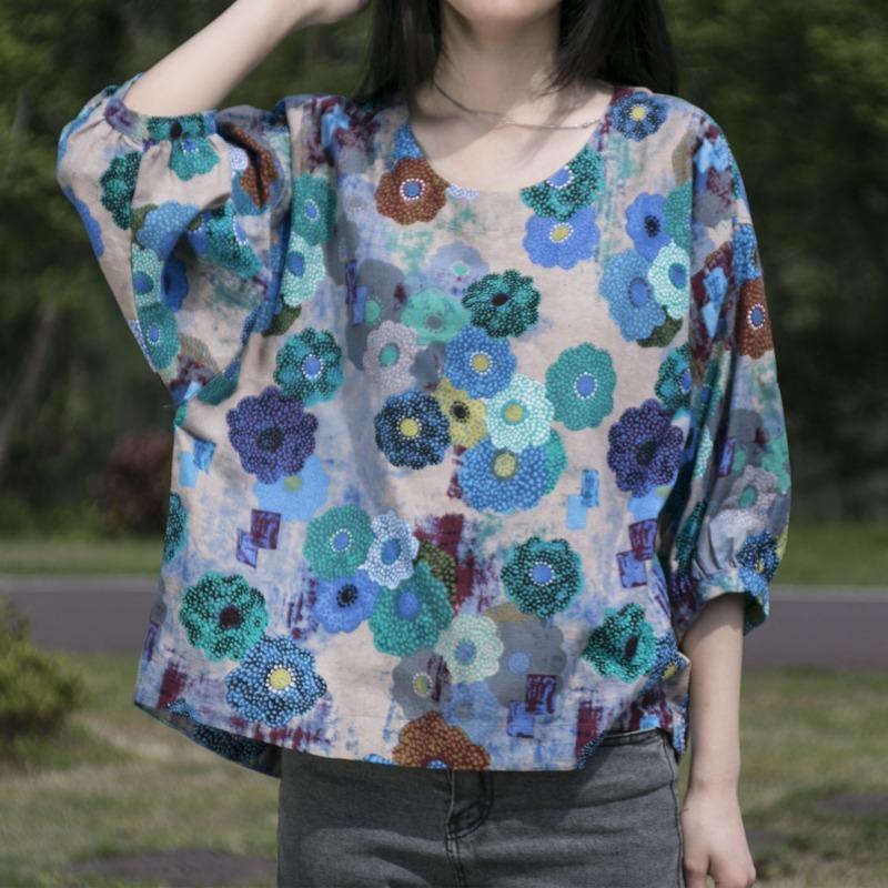 Летняя женская одежда Этнический принт хлопковая льняная блузка Топ Круглый вырез Рукава семь четвертей Футболки