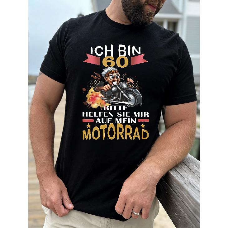 Men'S T-Shirt Black 60Th Birthday Motorcycle Graphic with German Text for Birthday Celebration, Plus Size