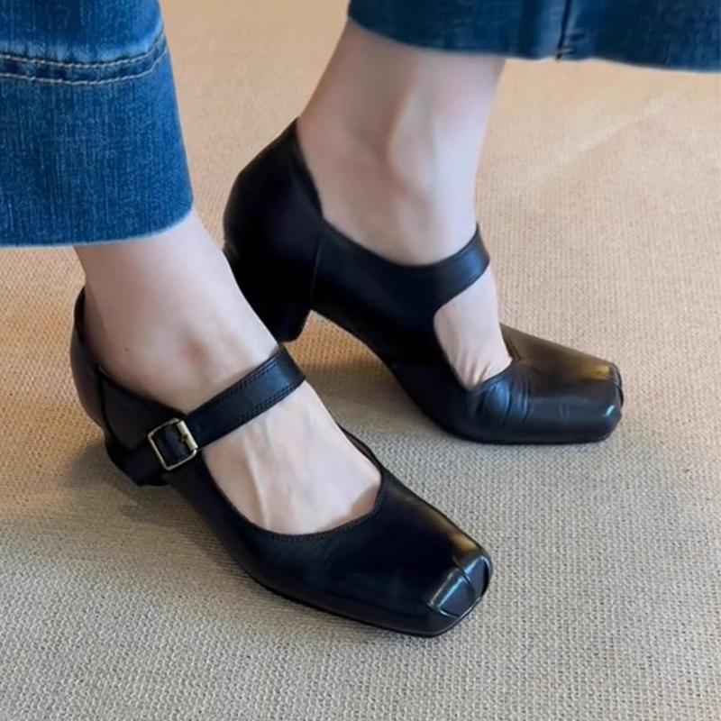 Модная женская обувь Мэри Джейн из кожи, на массивном каблуке средней высоты, с квадратным носком, сандалии, женский тренд 2024, осенние, в стиле ретро, новые туфли-лодочки, Mujer Zapatos