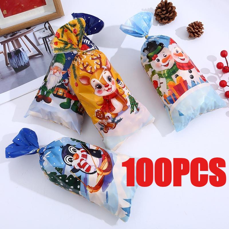 50/100PCS Christmas Candy Bag Biscuit Plastic Handbag Cartoon Elk Snow Man Pattern Christmas Party Packaging Bag Xmas Supplies