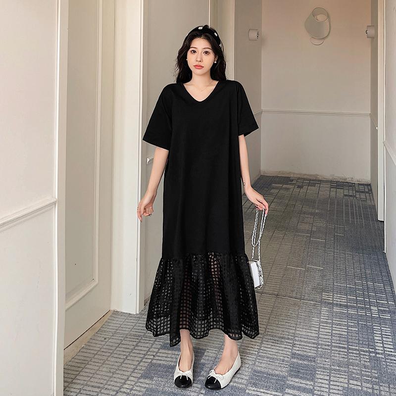 Dimanaf Women 2025 Summer Plus Size Casual Short Sleeve Oversize Plaid Hollow Long Shirt Dress Loose Dress New