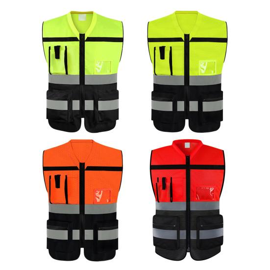 Мужской светоотражающий жилет высокой видимости с v-образным вырезом без рукавов и несколькими карманами, дизайн жилета с прозрачным ID, карманом, держателем для ручек, жилет, пальто