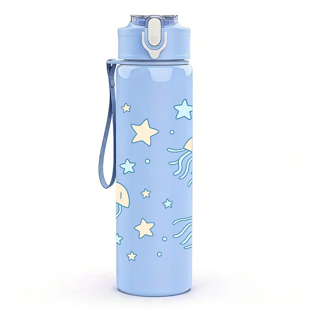 1PC Light Blue Jellyfish Pattern 750ml Color Plastic Sports Water Bottle Leakproof Flip Straw Lid Suitable for Sports Office Home Use