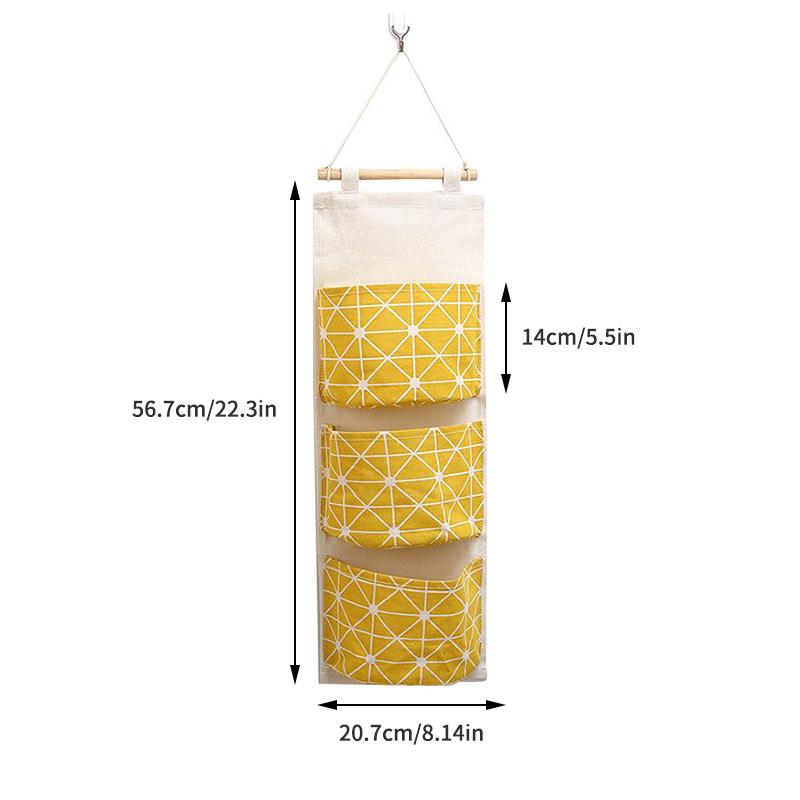 Three Pockets Hanging Wall Storage Bag Household Bedroom Living Room Kitchen Cotton Linen Storage Bag