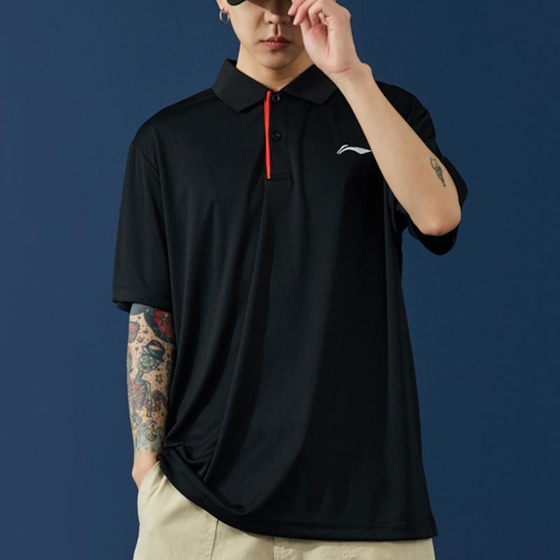 Мужская рубашка-поло с коротким рукавом и вышитым логотипом Li Ning, цвет черный APLR029-1