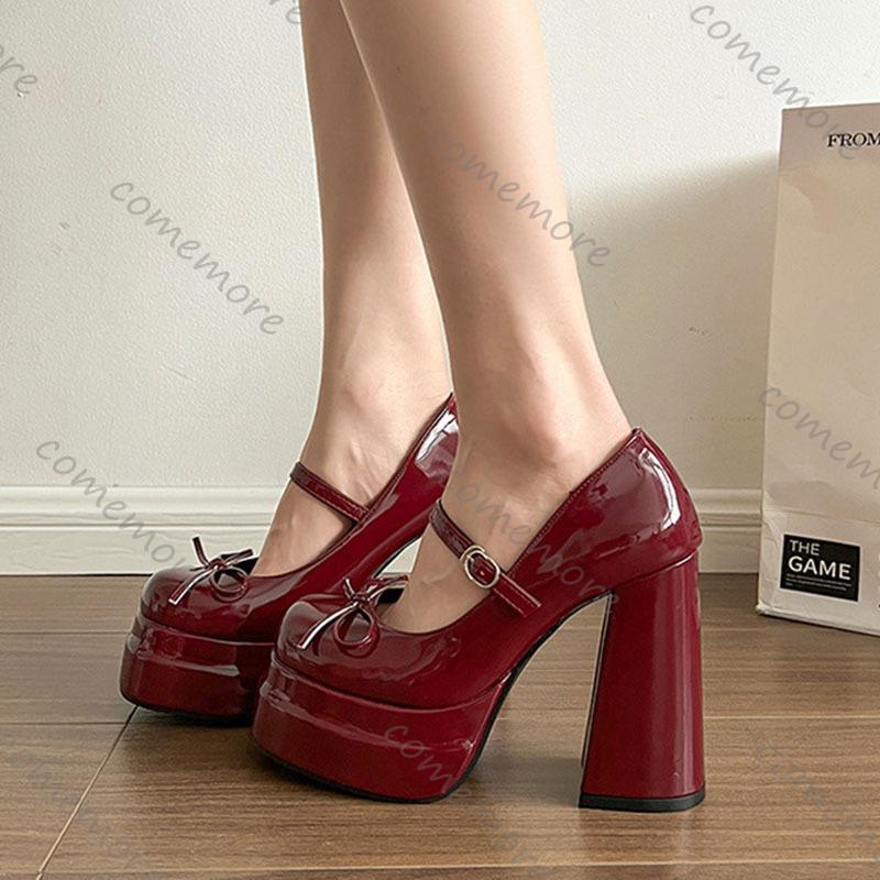 Fashion Comemore Platform Square High Heel Women's Mary Jane Shoes Fashion Butterfly-knot Shoes Spring Autumn Wedding Party Pumps Shoes