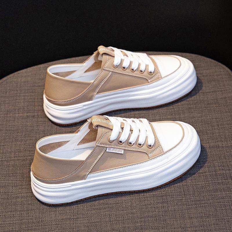 Туфли Baotou Small White Shoes Step on Heel, женская повседневная верхняя одежда на весну, туфли на плоской подошве для студентов, кроссовки на толстой подошве со шнуровкой
