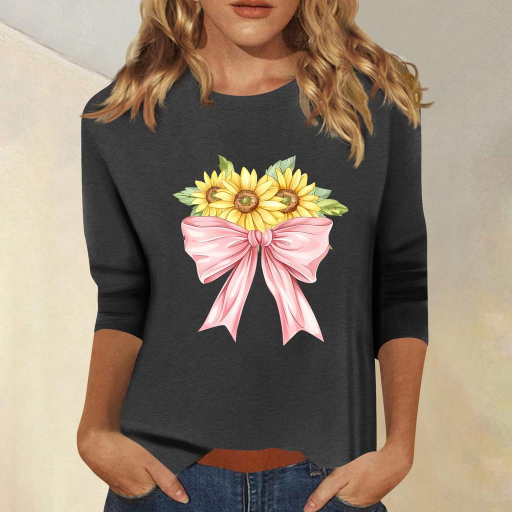 Женская мода повседневный принтованный топ с семью рукавами и круглым вырезом