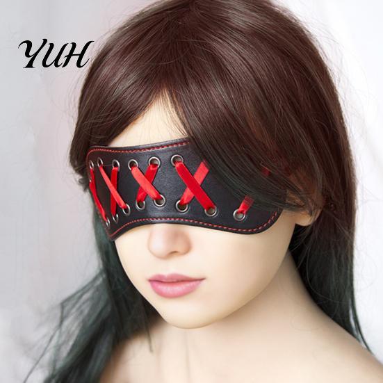 Mystery Roleplay Gear for Adult Couples Black Faux Leather Blindfold Mask, Adjustable Bondage Eye Mask with Red Soft Ribbon, Sleep Couples, BDSM Role