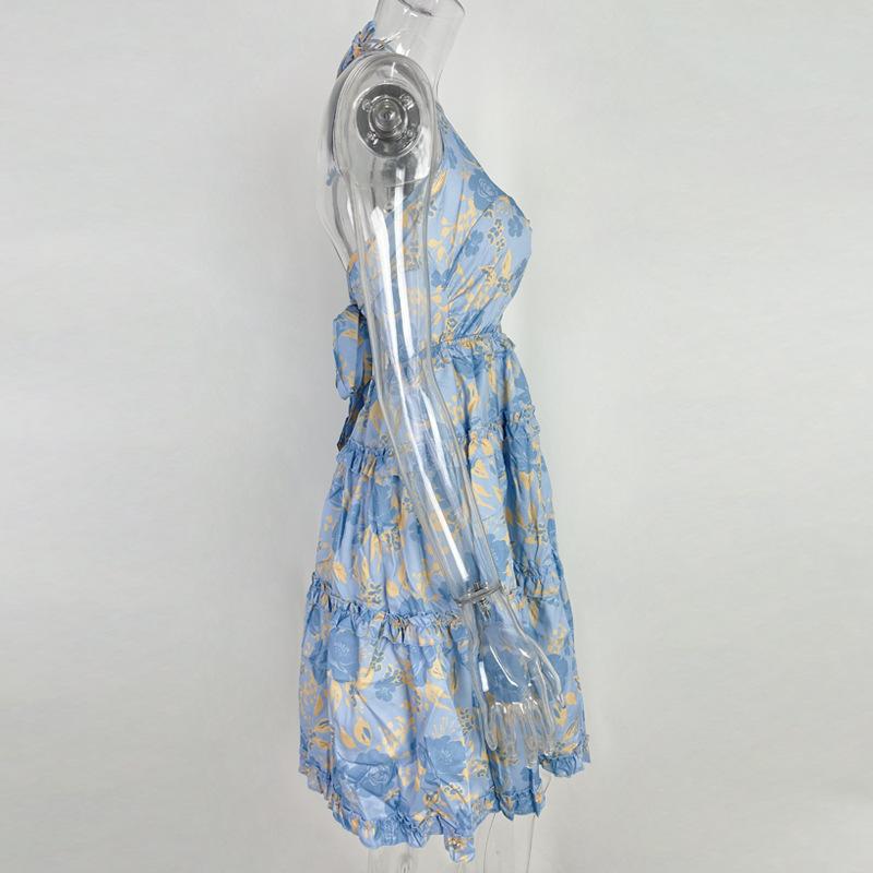 GMXIA Женская мода лето весна цветочный принт короткий рукав сексуальный вырез халтер торт высокая талия повседневные платья