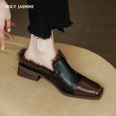 2024 Женская зимняя обувь с квадратным носком, меховые туфли на толстом среднем каблуке, туфли-лодочки из коровьей кожи, модные элегантные мюли, лоскутная обувь из овечьей замши