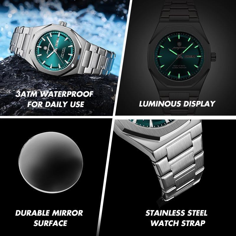 Mens Luxury Watches Octagonal Stainless Steel Analog Quartz Watch with Day Date, Waterproof Luminous Casual Watch