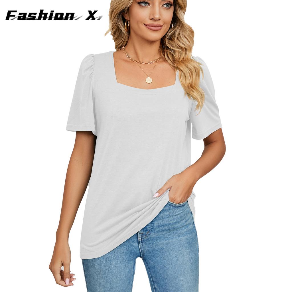Весенне-летняя новая однотонная свободная футболка с квадратным вырезом и короткими рукавами, вязаные топы женские