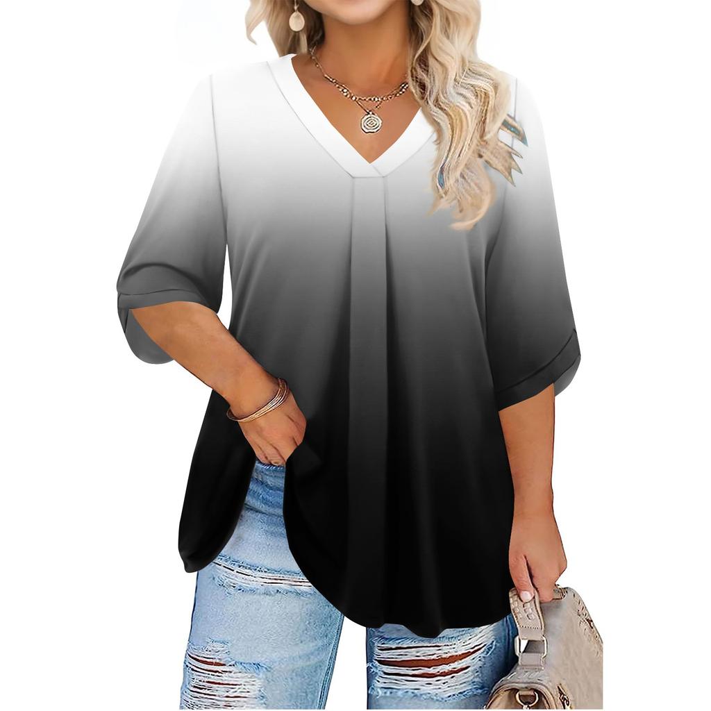 Women's Fashion Large Size Printed V-Neck Three-quarter Sleeve Top