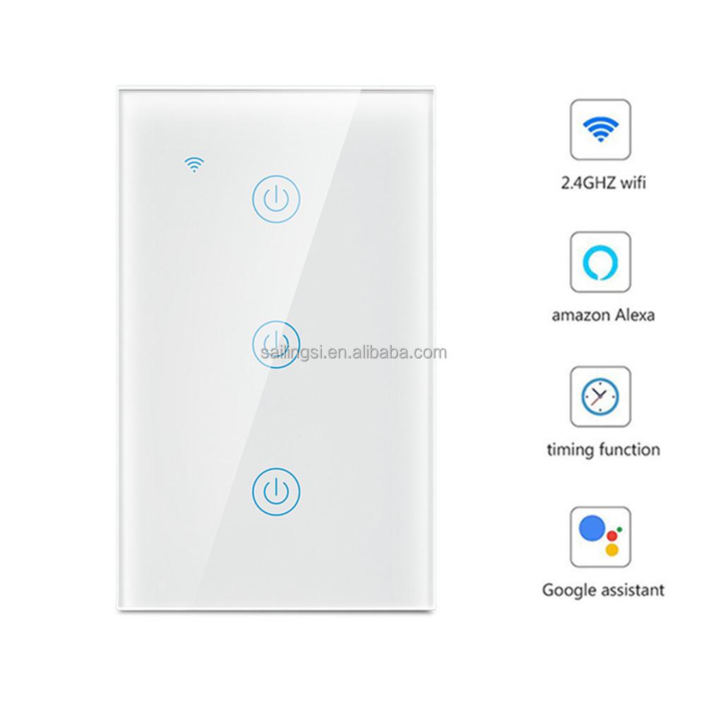 SLS 118mm US Standard Smart WiFi Single Pole 10A 240V PC Crystal Tempered Glass Panel Touch Switch Remote Control 3 Gang