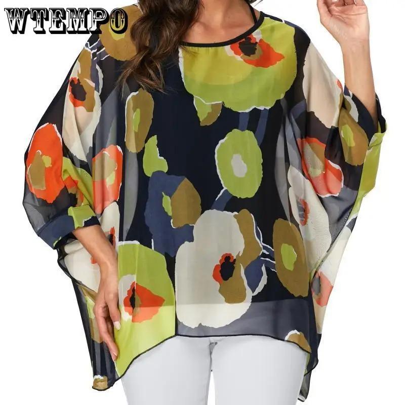 WTEMPO Женская летняя рубашка с цветочным принтом и рукавами «летучая мышь», топ, шифоновое пончо, повседневная свободная блузка