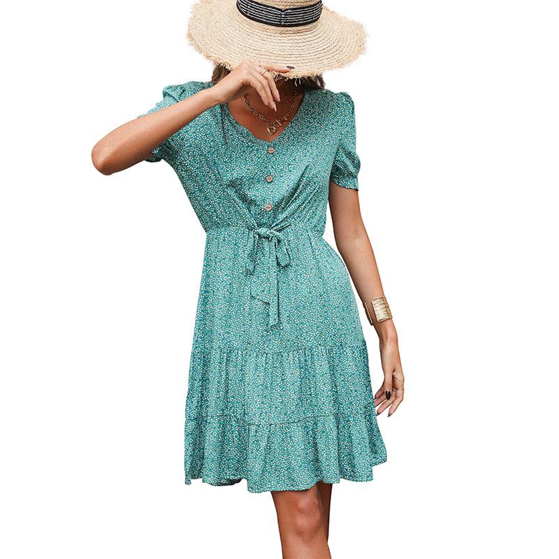 Лето с V-образным вырезом и коротким рукавом с цветочным принтом и высокой талией, зеленое, облегающее, шикарное платье трапециевидной формы с принтом, S-XXL