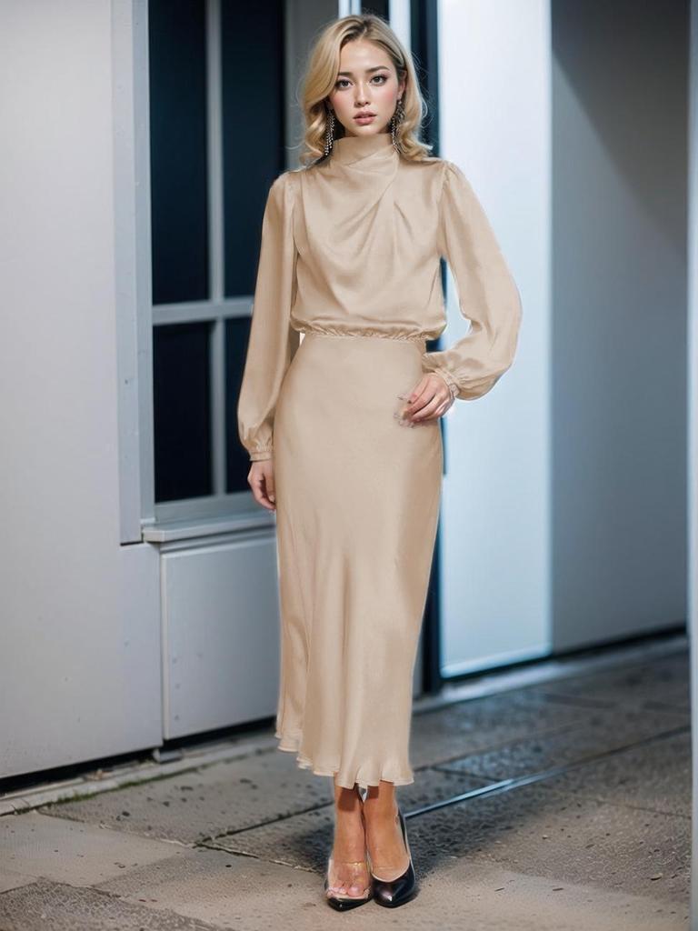 Elegant Women's 2025 Autumn Satin Long Sleeve Evening Dress