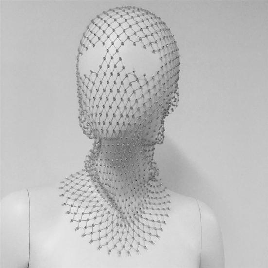 Fishnet Hat Rhinestones Design Hollow Hooded Hat Solid Color Breathable Elastic Fishnet Night Club Hat