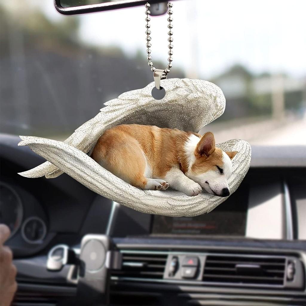 Cute Acrylic Car Mirror Pendant With Angel Wings Perfect For Dog Lovers Gifts