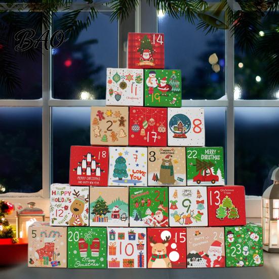 Christmas Countdown Calendar Box 24 Pcs DIY Advent Boxes, Days Gift Box, Santa Snowman Elk Print Boxes Empty Cardboard Number to Fill for Adults,