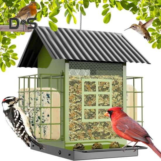 Birds Feeder for Outdoors Hanging Metal Mix Seeds Feeder with Double Suet Cage Outside Wild Birds Feeder for Garden Backyard Decor